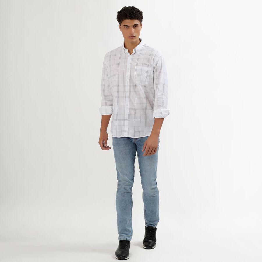 Men's Rich Eggshell White Cotton Mandarin Collar Casual Shirt, White, large image number null