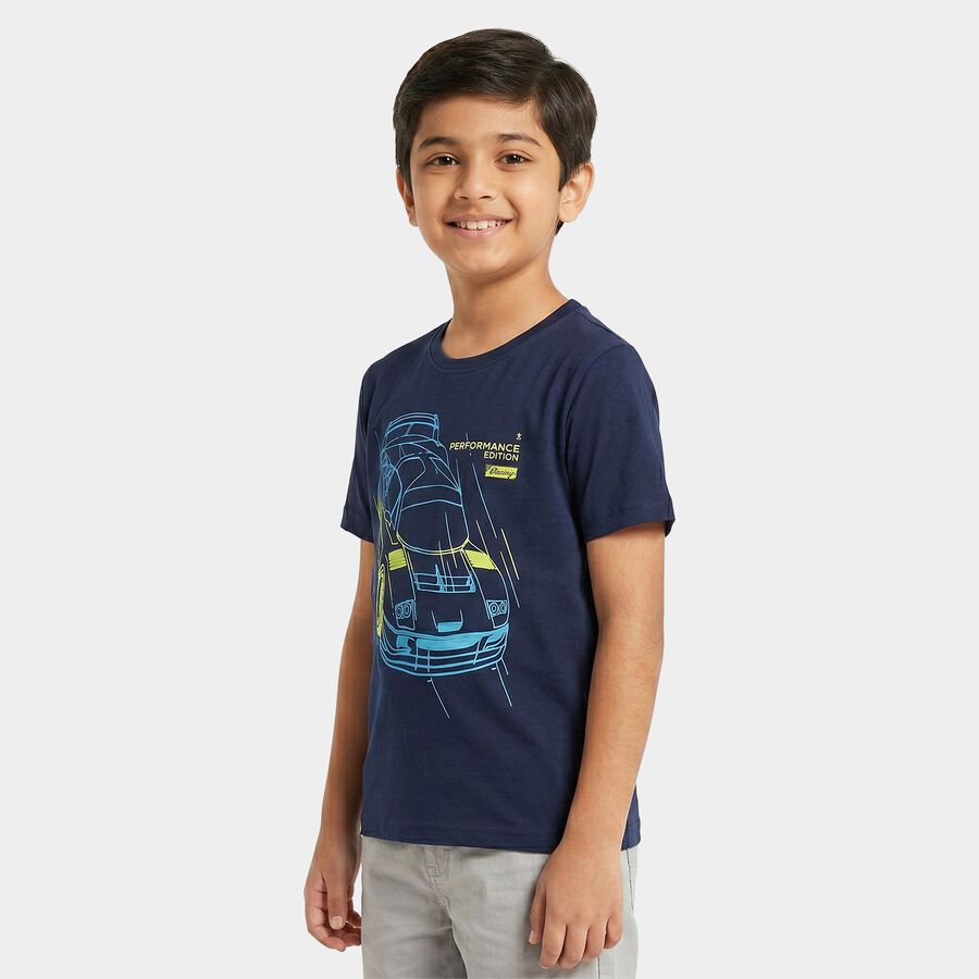 Boys Blue Round Neck Regular Boys T-Shirt, Dark Blue, large