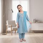 Girls Light Blue V-Neck Kurta and Pant Fusion Set, हल्का नीला, small