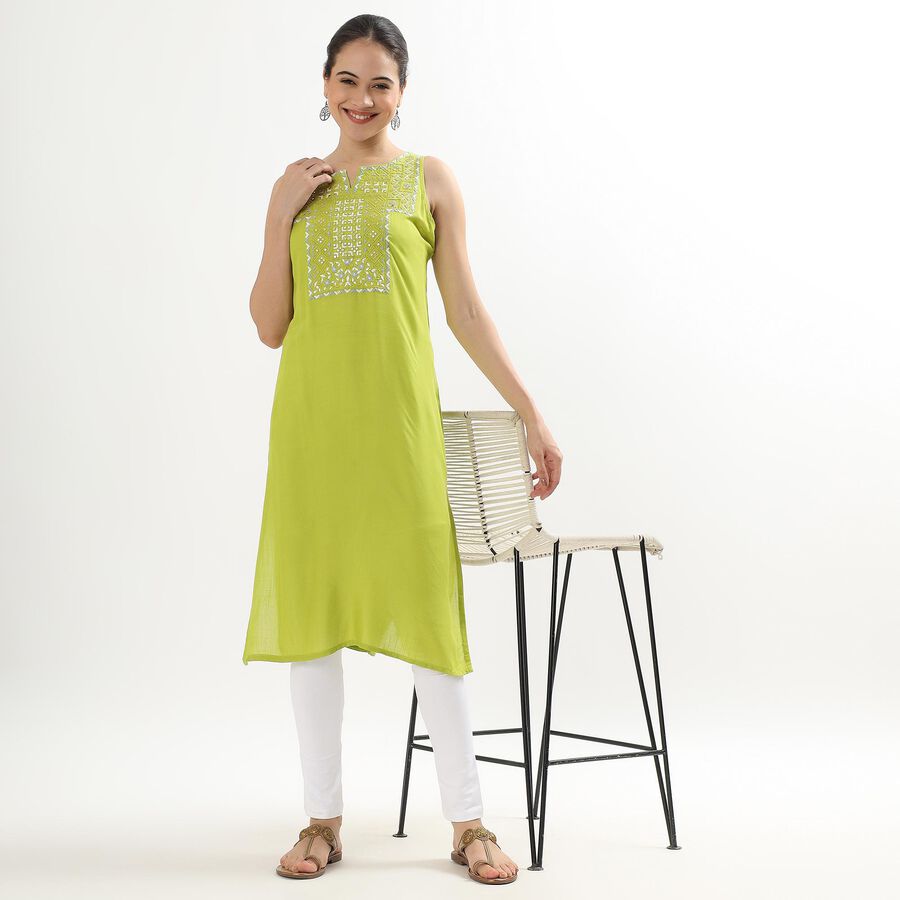 Women's Bright Lime Green Notch Neck Embroidered Kurta, हल्का हरा, large image number null