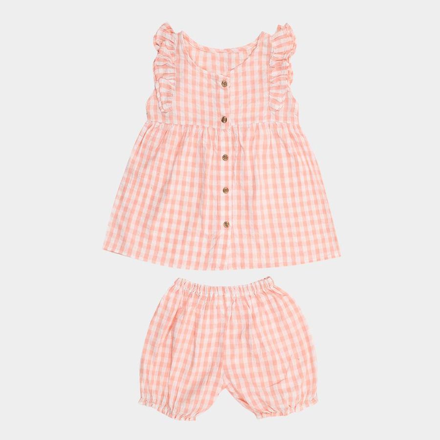 Infant Girl Peach Cotton Gingham Sleeveless Top and Bloomers Set, पीच, large image number null