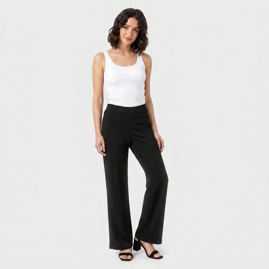 Women's Black Straight Fit Minimalist Trousers, काला, large