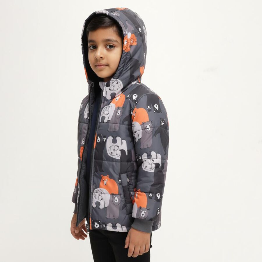 Boys Grey and Orange Hooded Casual Jacket, चारकोल, large image number null