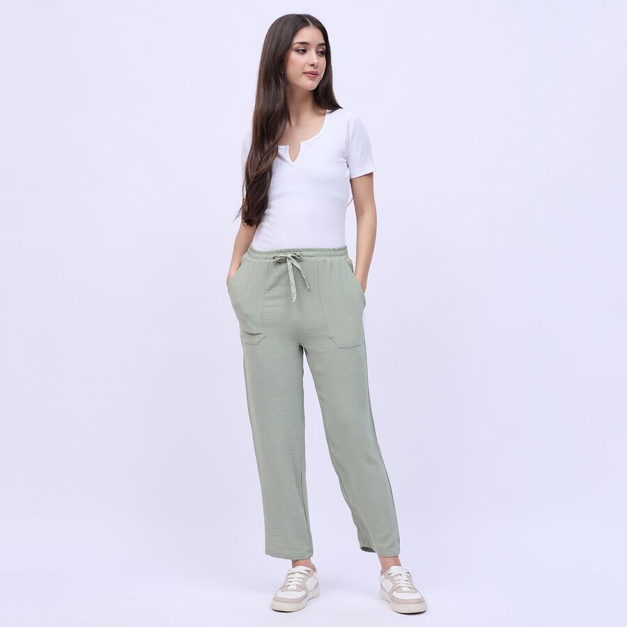 Women's Soft Sage Green Relaxed Fit Textured Track Pants, Light Green, large image number null