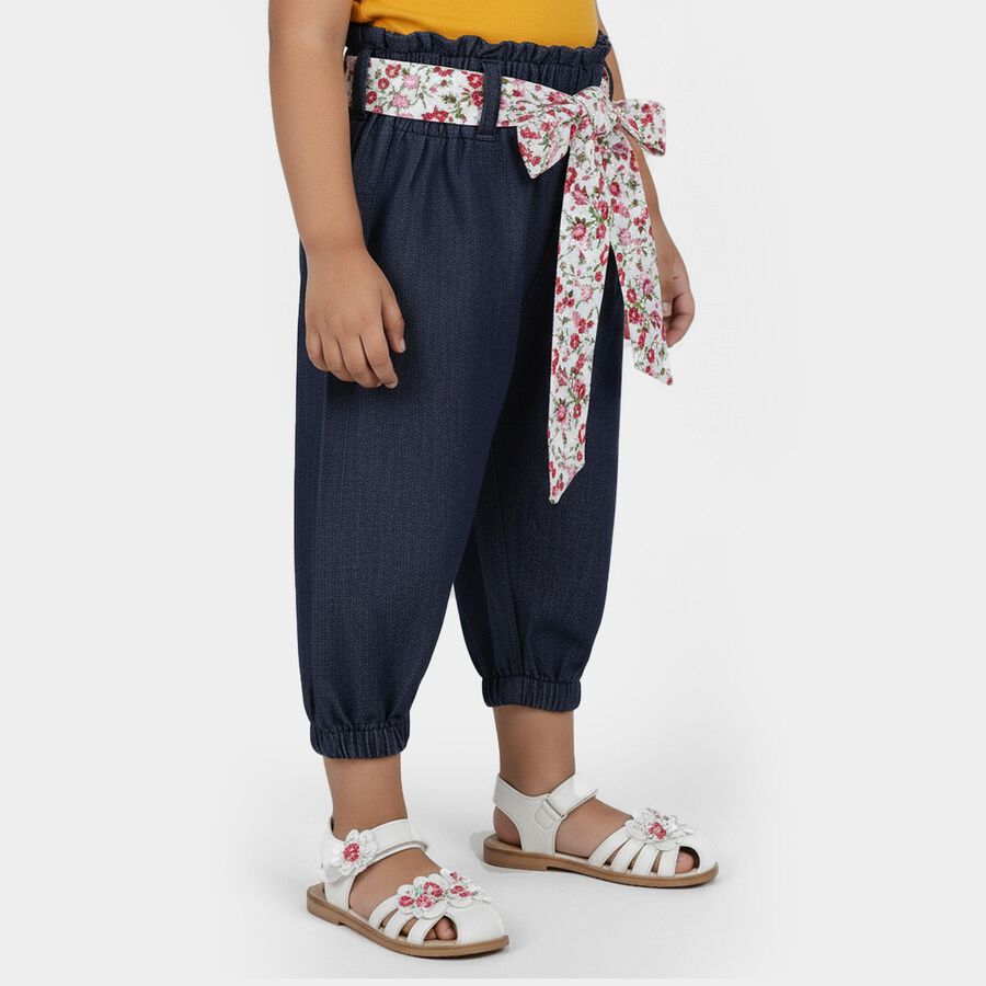 Girls' Navy Blue Cotton Blend Floral Belt Capri, Dark Blue, large