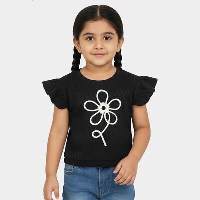 Girls Black Round Neck Casual T-Shirt