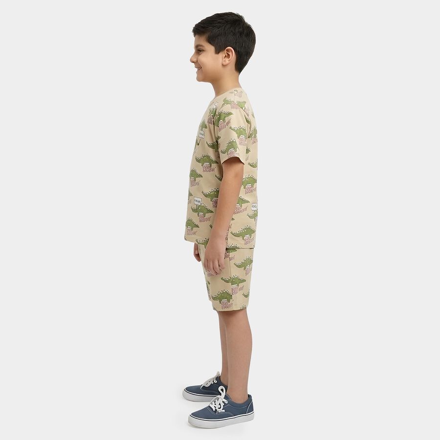 Boys Beige Cotton Round Neck Dinosaur Printed Night Suit, Beige, large