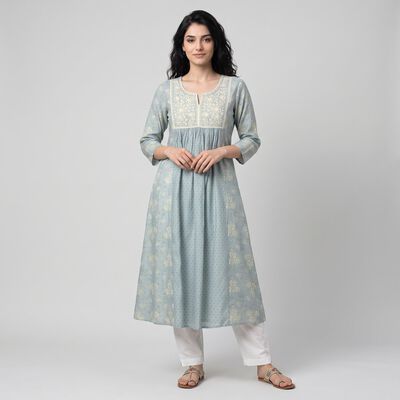 Women's Aqua Notch Neck Embroidered Kurta