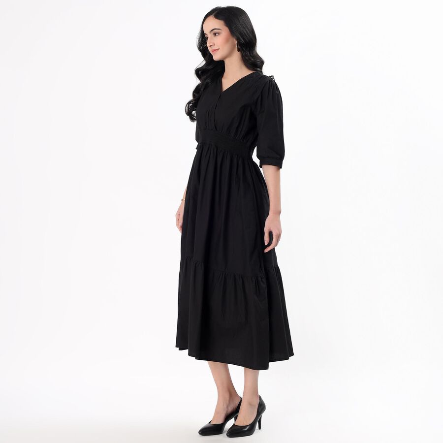 Women's Jet Black Cotton V-Neck Casual Midi Dress, Black, large