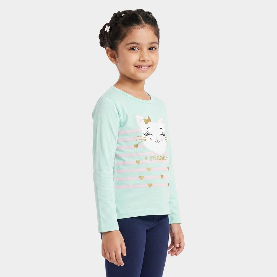 Girls' Mint Green Cotton Round Neck Regular Top, हल्का हरा, large