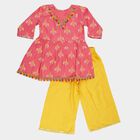 Girls Bright Pink Ikat Print Bohemian Kurta and Yellow Palazzo Fusion Set, गुलाबी, small image number null