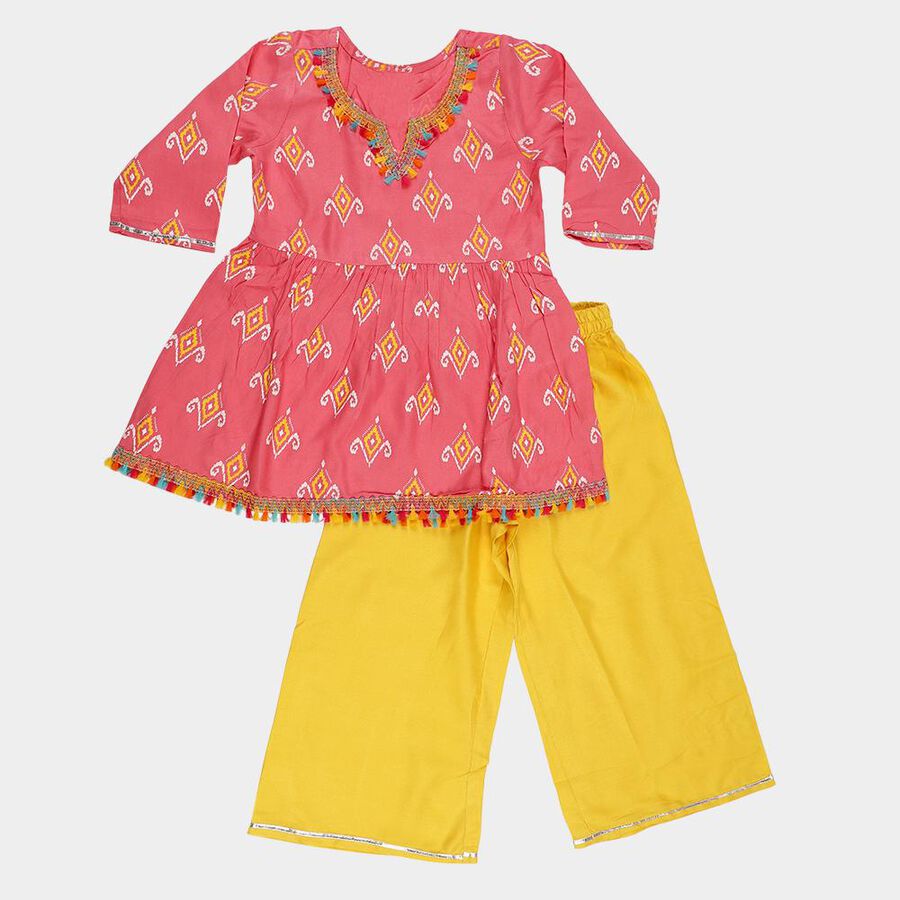 Girls Bright Pink Ikat Print Bohemian Kurta and Yellow Palazzo Fusion Set, गुलाबी, large image number null