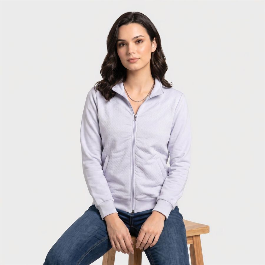 Women Light Blue High Neck Zip-Up Sweatshirt, Light Blue, large