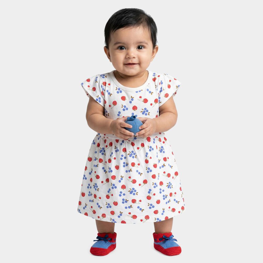 Infants' White Cotton Floral Print Flutter Sleeve Frock, Off White, large