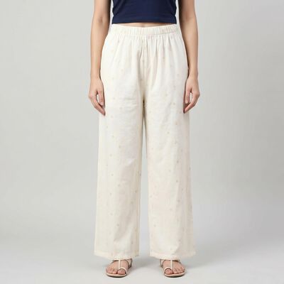 Women's Cream Regular Fit Textured Floral Palazzos