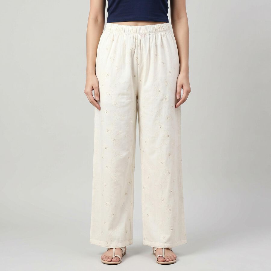 Women's Cream Regular Fit Textured Floral Palazzos, ऑफ व्हाइट, large