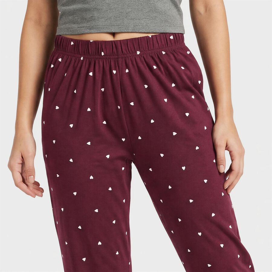 Women's Wine Straight Fit Heart Printed Pyjama, वाइन, large