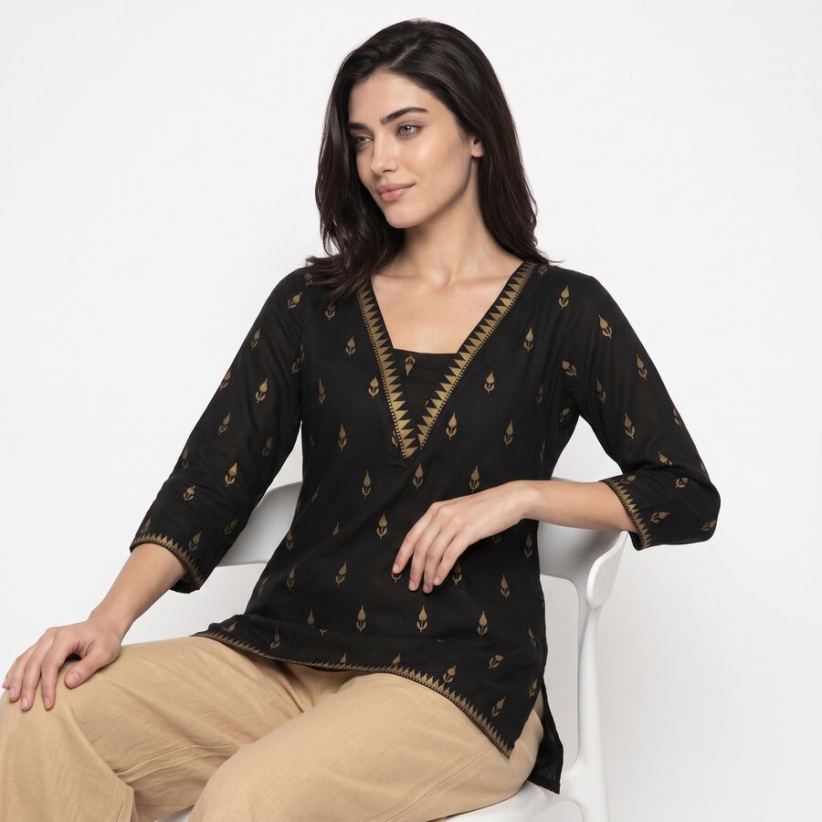 Women's Black V-Neck Printed Straight Kurti, Black, large