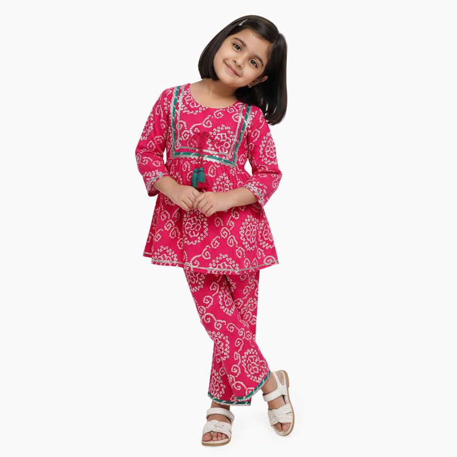Girls' Bright Fuchsia Pink Printed Kurta and Palazzo Fusion Set, Fuchsia, large