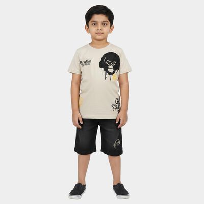 Boys Beige 100% Cotton Round Neck Graphic Printed Baba Suit