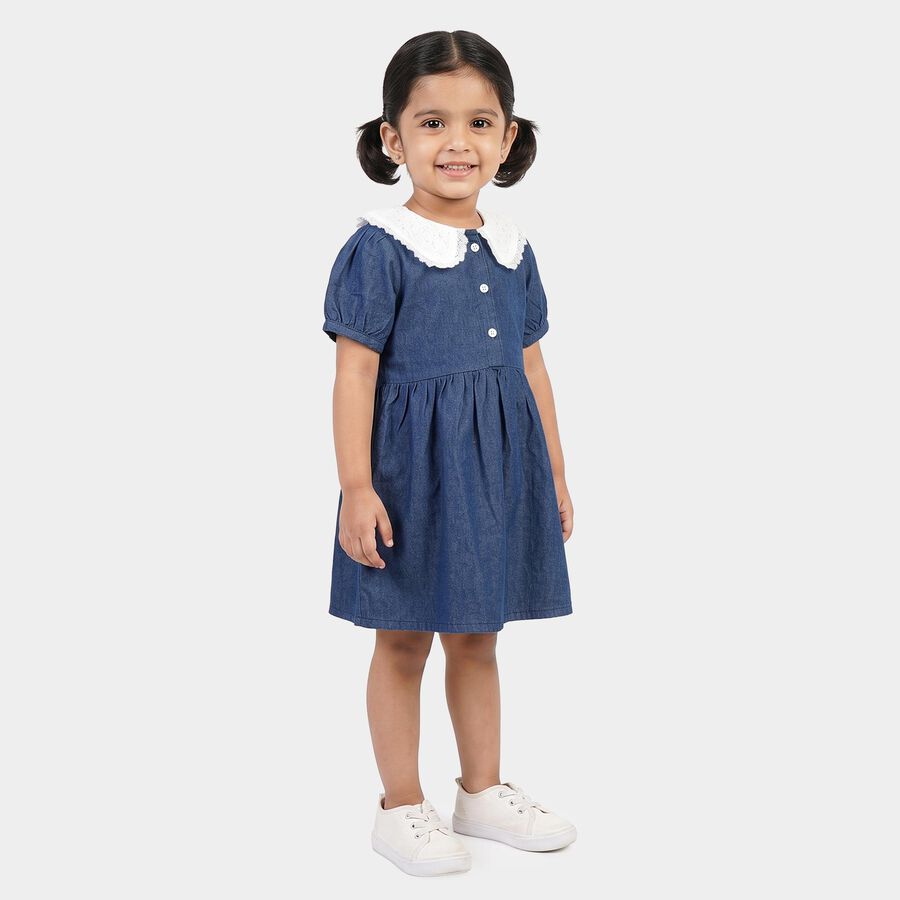 Girls' Blue Fit and Flare Lace Collar Frock, मध्यम नीला, large