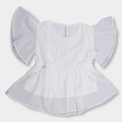 Girls' White Round Neck Ruffled T-Shirt