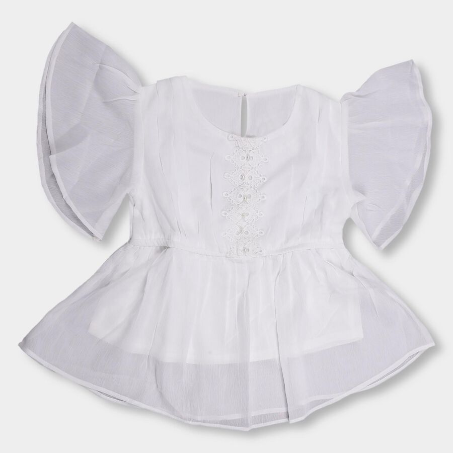 Girls' White Round Neck Ruffled T-Shirt, सफ़ेद, large image number null