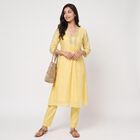 Women's Yellow V-Neck Embellished Kurta, Yellow, small