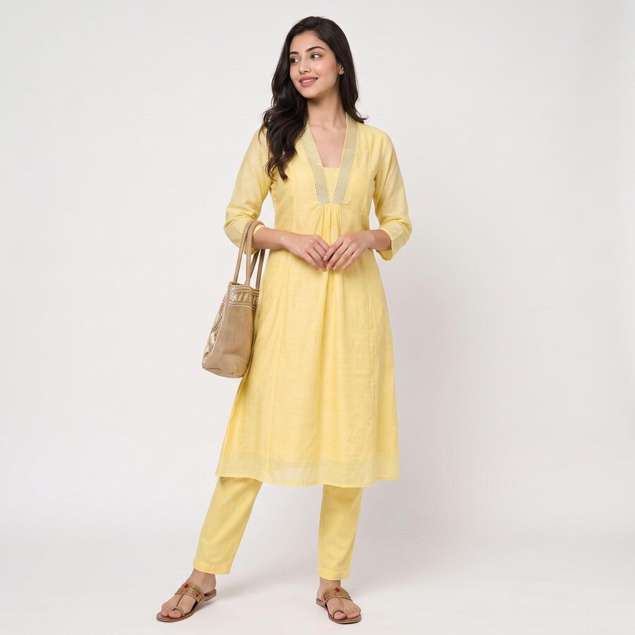 Women's Yellow V-Neck Embellished Kurta, Yellow, large