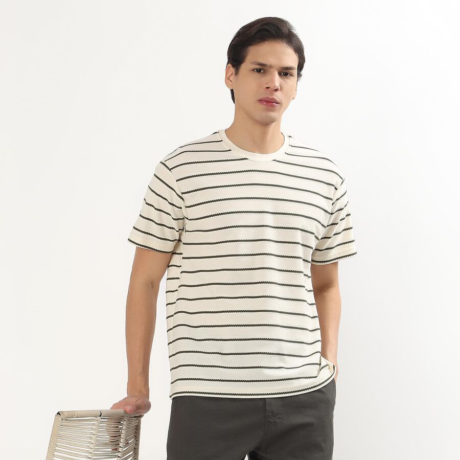 Men's Off White Round Neck Casual T-Shirt, Off White, large