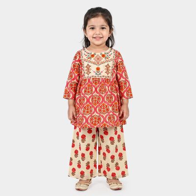 Girls Beige Round Neck Fusion Set Upper and Bottom Set