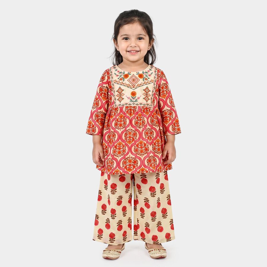 Girls Beige Round Neck Fusion Set Upper and Bottom Set, Beige, large