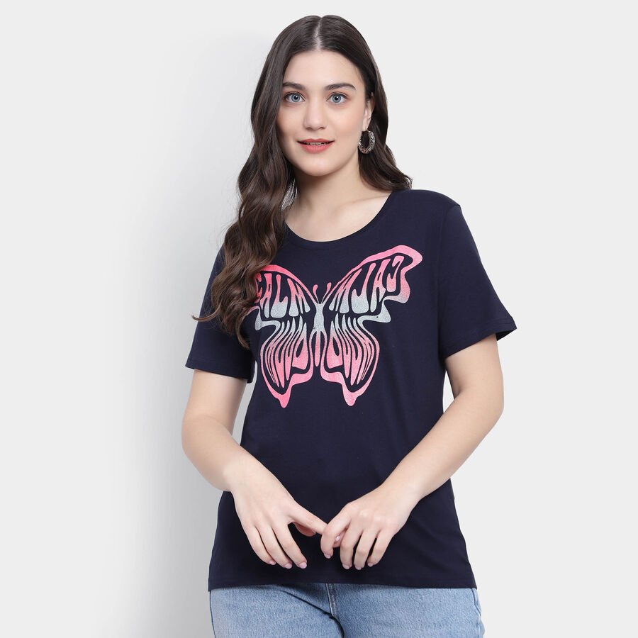 Cotton Solid Round Neck T-Shirt, Navy Blue, large image number null