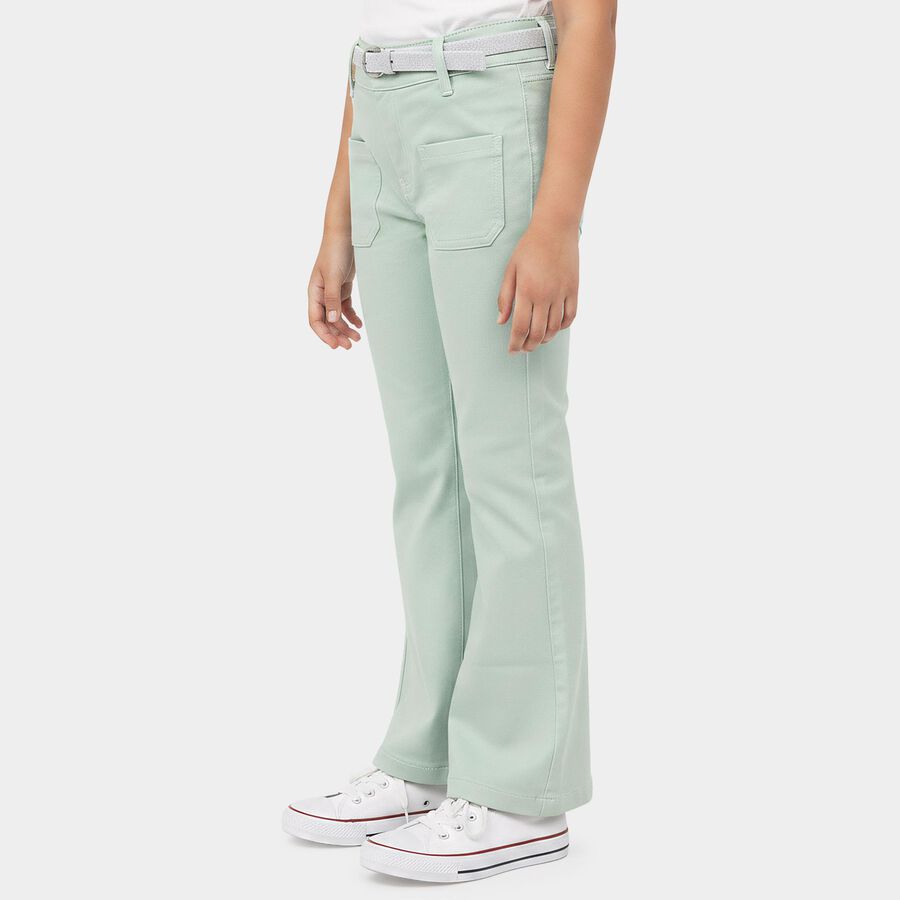 Girls' Mint Green Flared Fit Belted Jeans, Light Green, large
