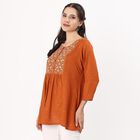 Women's Rust Orange Round Neck Embroidered Kurti, रस्ट, small