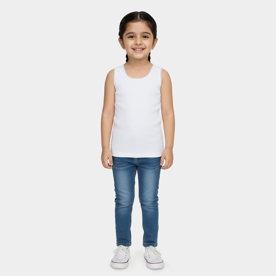 Girls' White Cotton Round Neck Classic Vest, सफ़ेद, large
