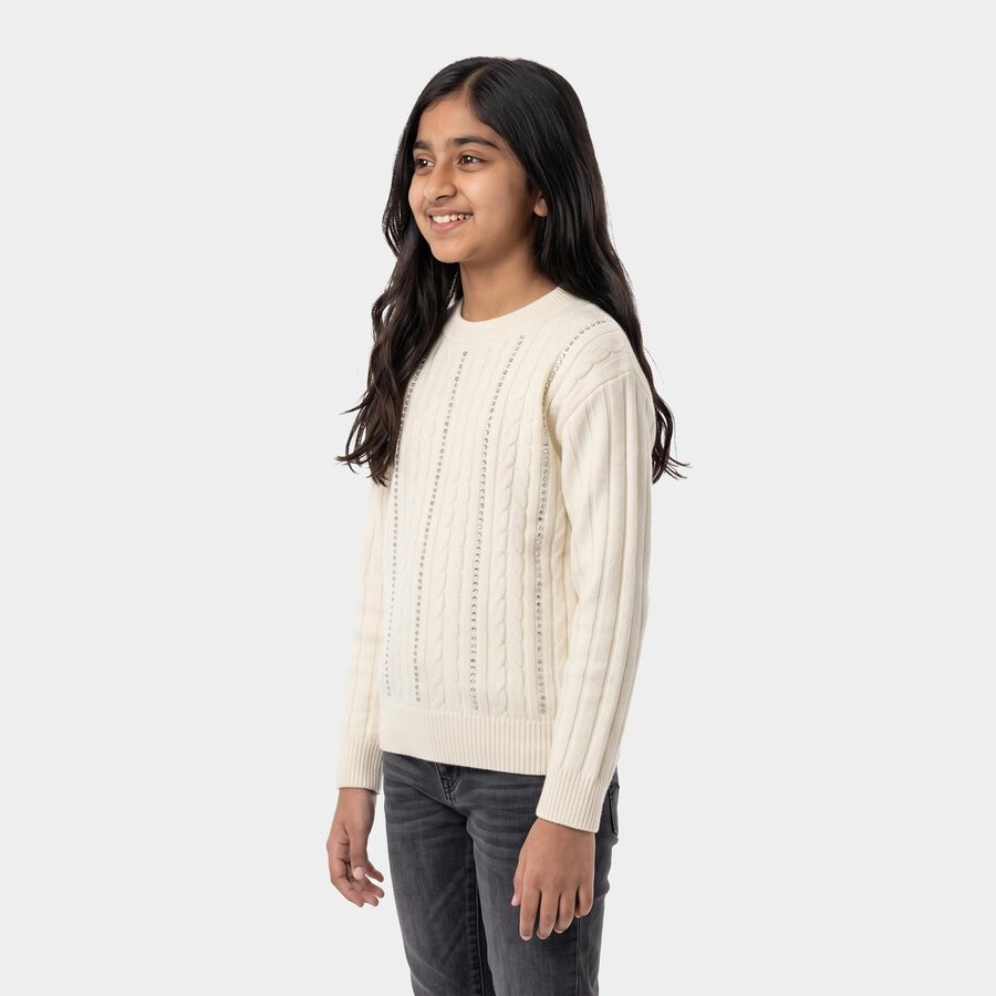 Girls' Cream Crew Neck Knitted Design Pullover, ऑफ व्हाइट, large