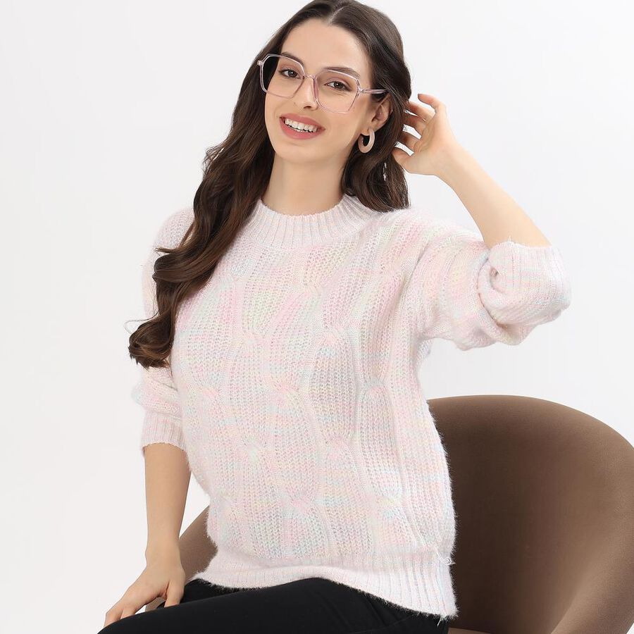 Women's Light Pink Crew Neck Casual Pullover, हल्का गुलाबी, large image number null