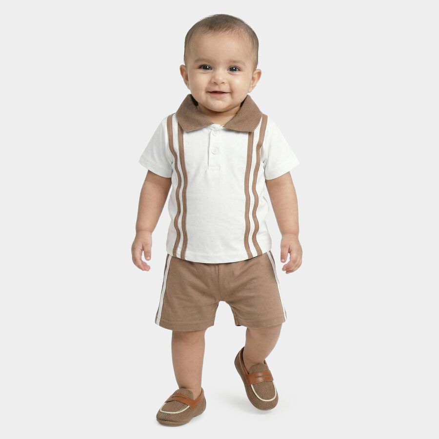 Infants' White Cotton Polo Neck Striped Baba Suit, सफ़ेद, large