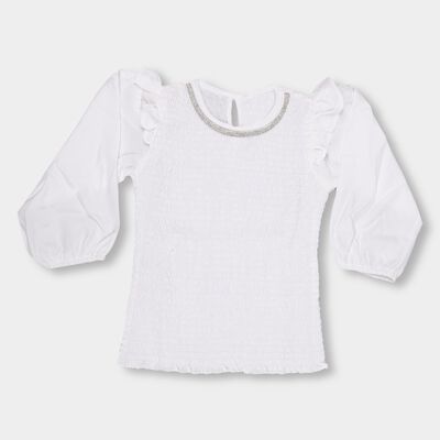 Girls Rich Eggshell White Embellished Round Neck Romantic Top