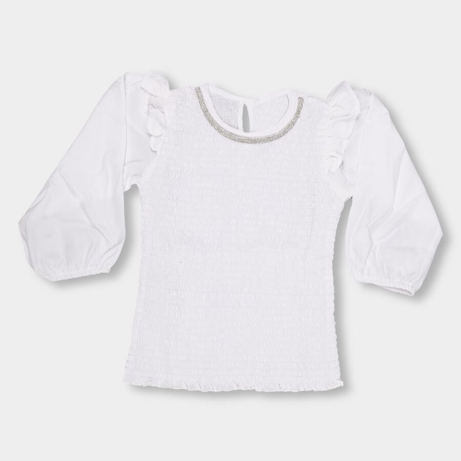 Girls Rich Eggshell White Embellished Round Neck Romantic Top, White, large image number null