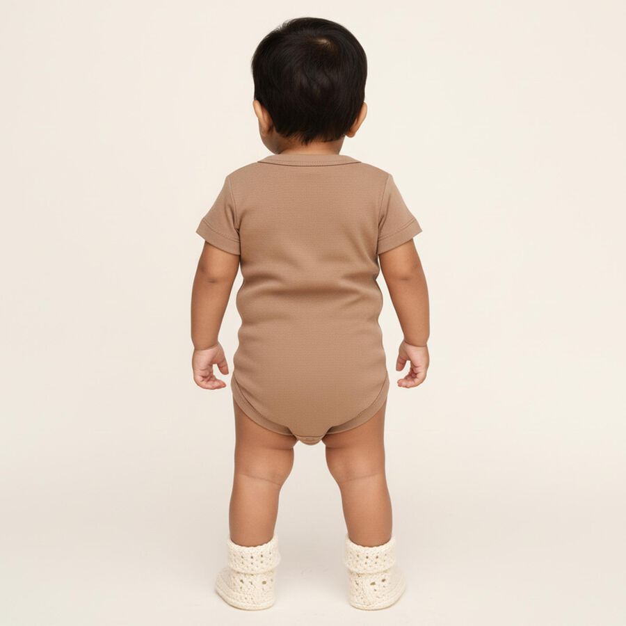 Infants Beige and Mint Green Cotton Round Neck Casual Bodysuit, गहरा पीला, large image number null