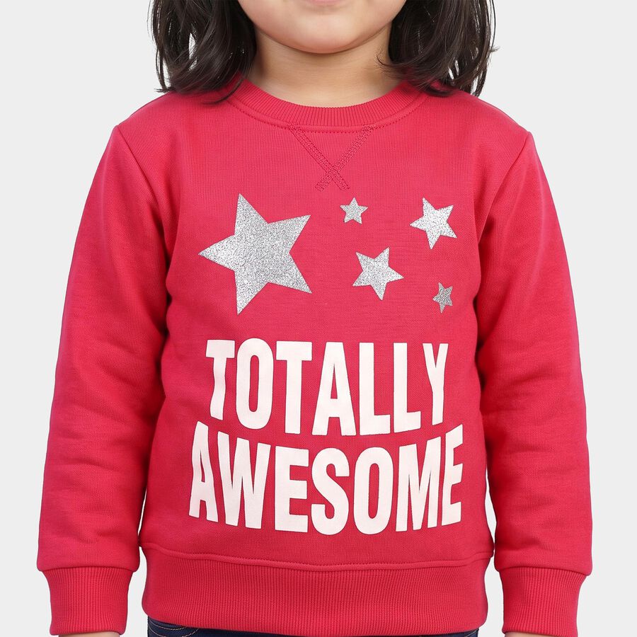 Girls' Fuchsia Round Neck Pullover Sweatshirt, Fuchsia, large