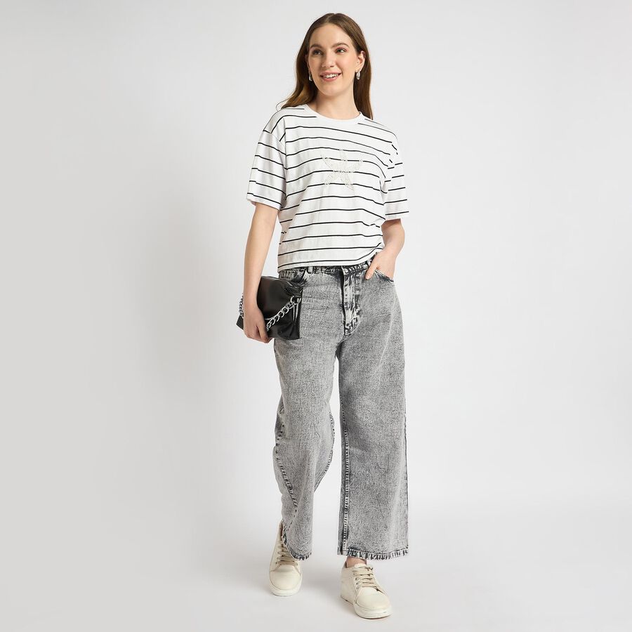 Ladies'  Stripes Round Neck T-Shirt, Off White, large