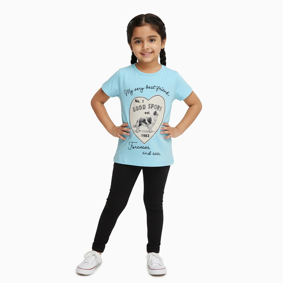 Girls Light Blue Cotton Round Neck Casual T-Shirt, हल्का नीला, large