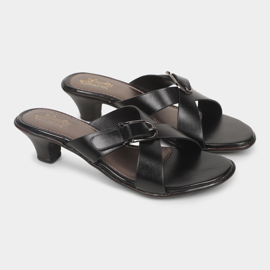 Women's Jet Black Buckle Strap Heeled Sandals, काला, large image number null