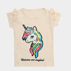 Girls' Pink Cotton Round Neck Unicorn Printed T-Shirt, हल्का गुलाबी, small