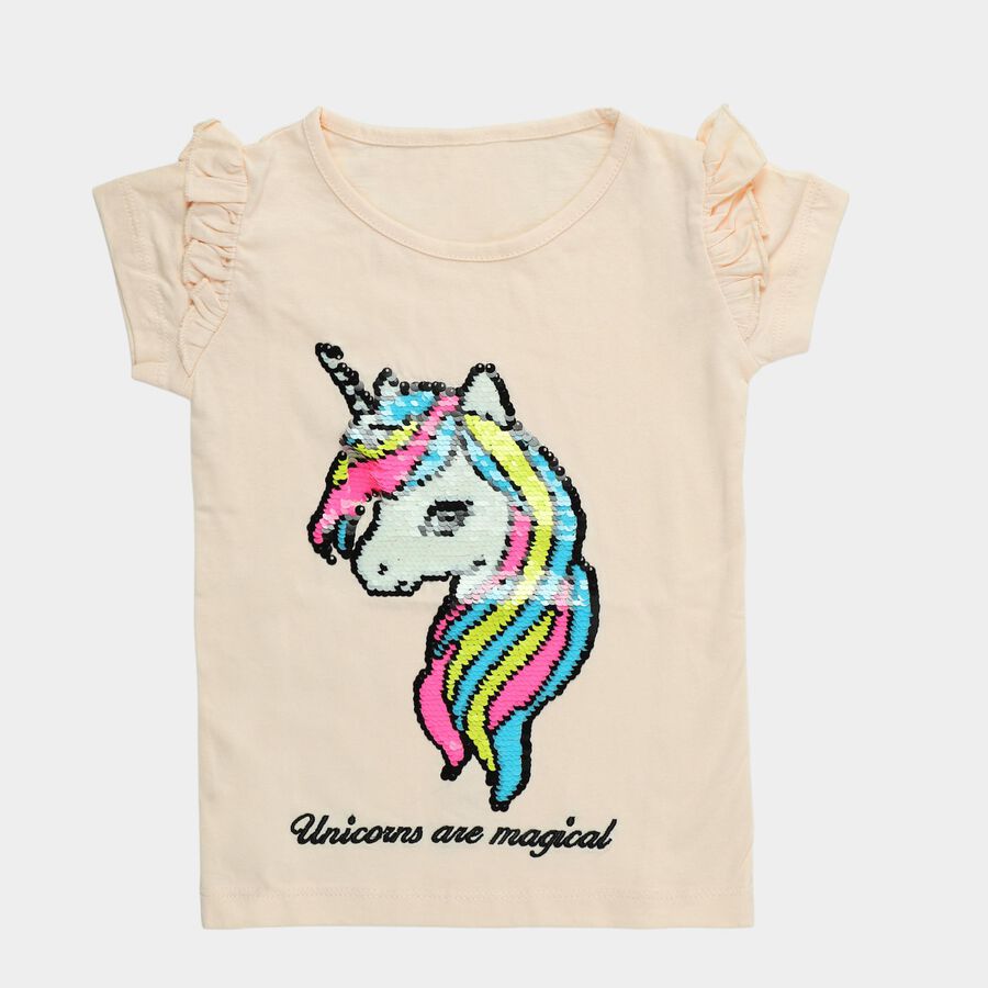 Girls' Pink Cotton Round Neck Unicorn Printed T-Shirt, हल्का गुलाबी, large