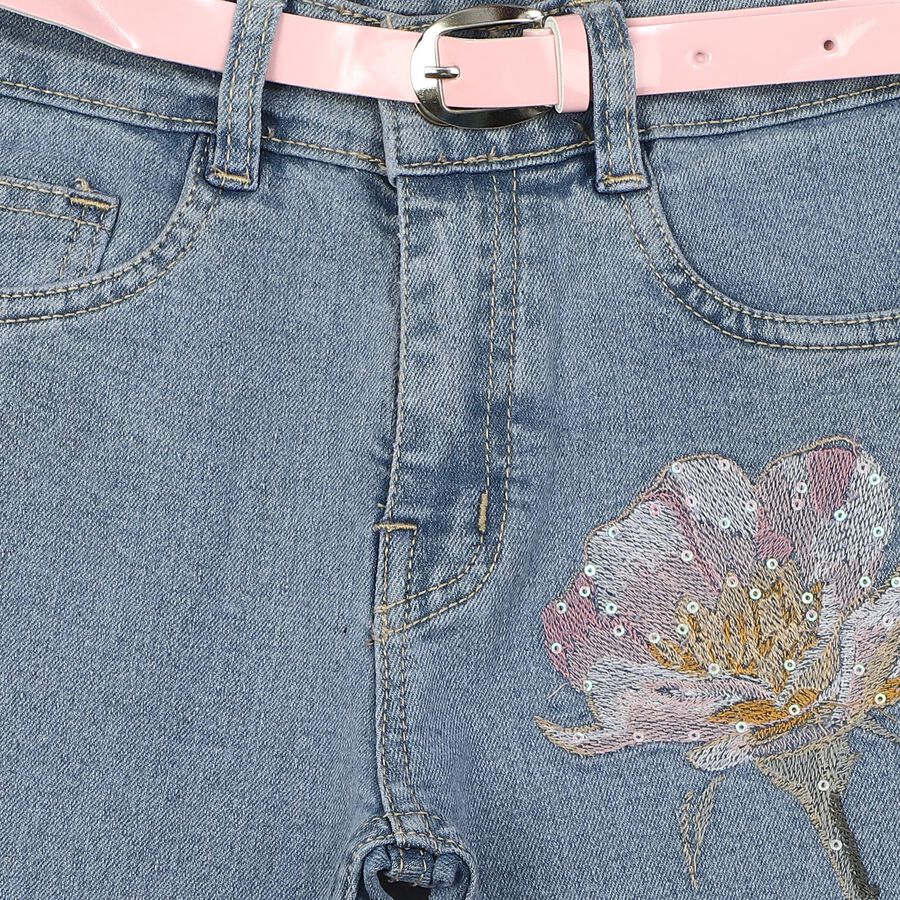 Girls' Light Blue Wide Leg Embroidered Jeans, हल्का नीला, large