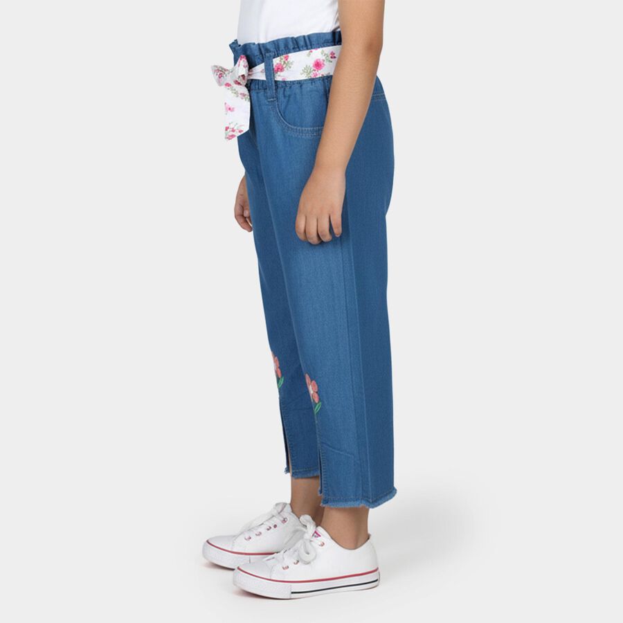 Girls' Bright Denim Blue Wide Leg Floral Embroidered Jeans, हल्का नीला, large image number null